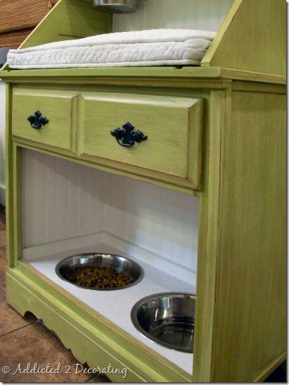 Before & After--Refinished Pet Station With Green Distressed Finish
